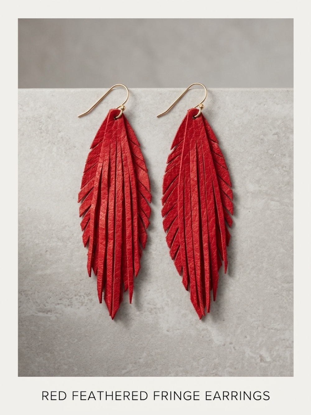 Red Leather Handmade Feather Fringe Drop Earrings with Gold Hooks
